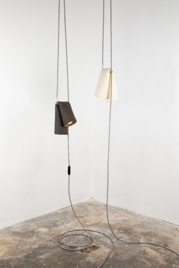 Handmade ceramic light | Suspended | Pendant | Hooked wall light | Fabric braided cable | Contemporary | Sculptural | Black