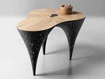 Contemporary curved coffee table, oak, black concrete by Donatas Žukauskas