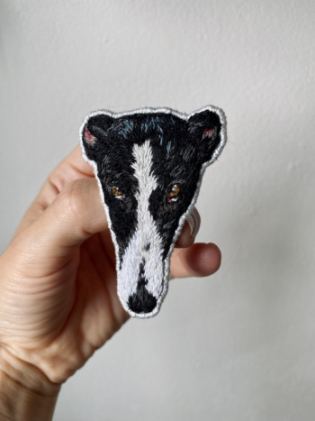 Handmade Embroidered Brooch – Black & White Greyhound