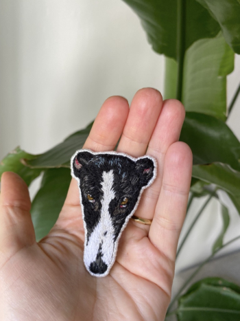 Handmade Embroidered Brooch – Black & White Greyhound